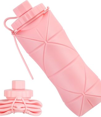 YCT Collapsible Silicone Travel Water Bottle 20oz (600ml), Reuseable Leakproof BPA Free Foldable Sports Bottle, with Carrying Strap, Pink